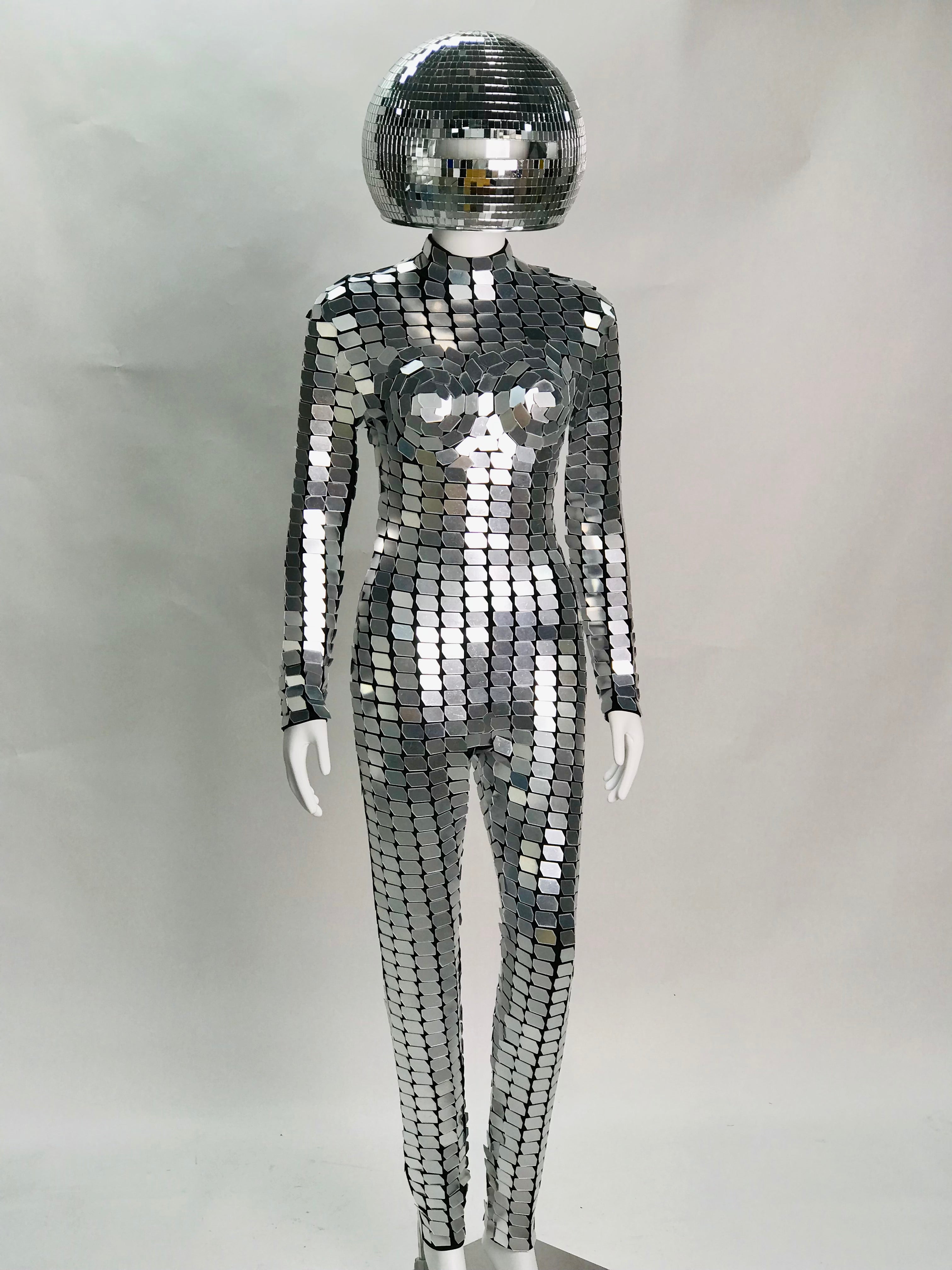 Futuristic Silver Mirror Chainmail Jumpsuit with 30cm Disco Helmet, Celebrate in Style at Disco,  Parties, Burning Man, Halloween, Parade