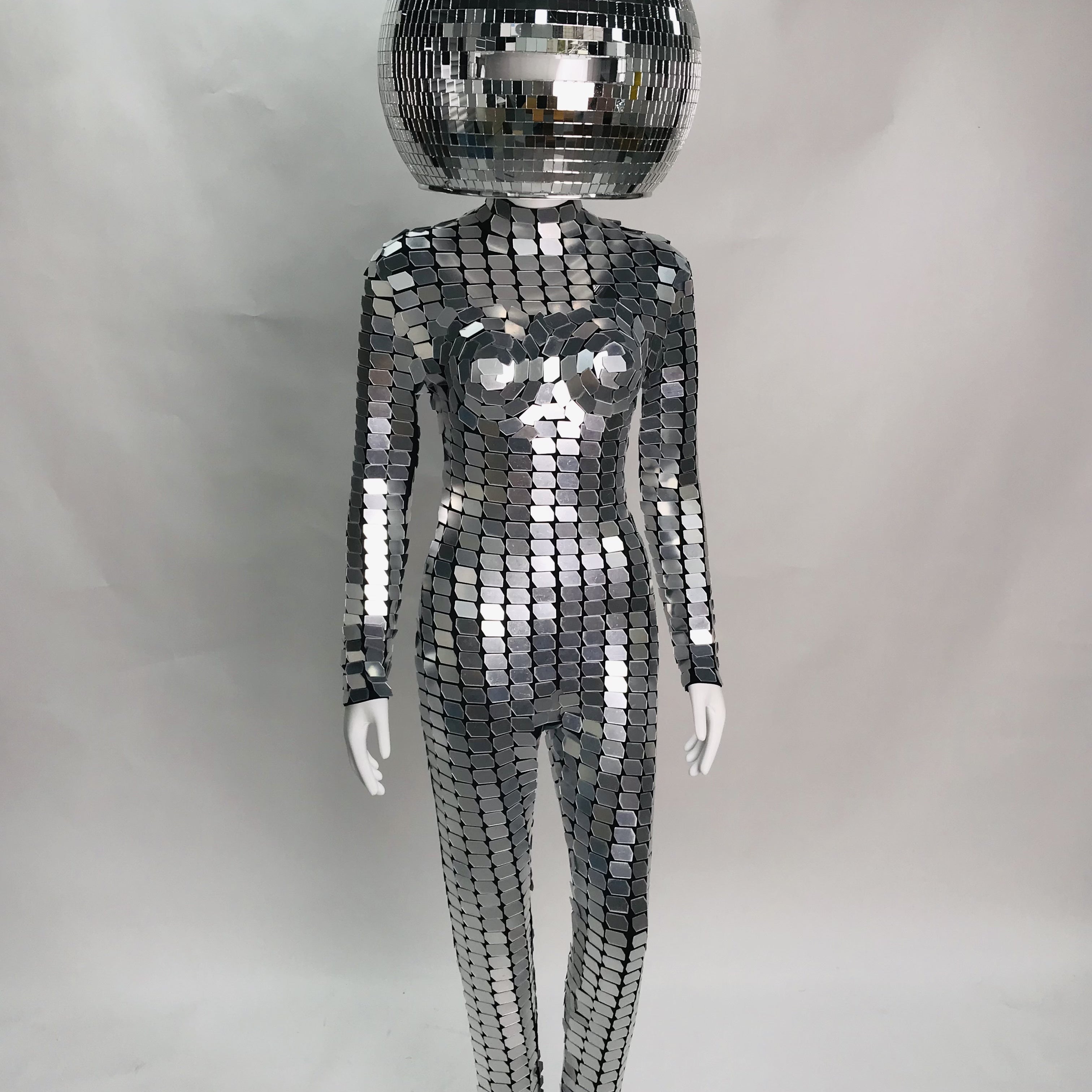 Futuristic Silver Mirror Chainmail Jumpsuit with 40cm Disco Helmet, Celebrate in Style at Disco,  Parties, Burning Man, Halloween, Parade