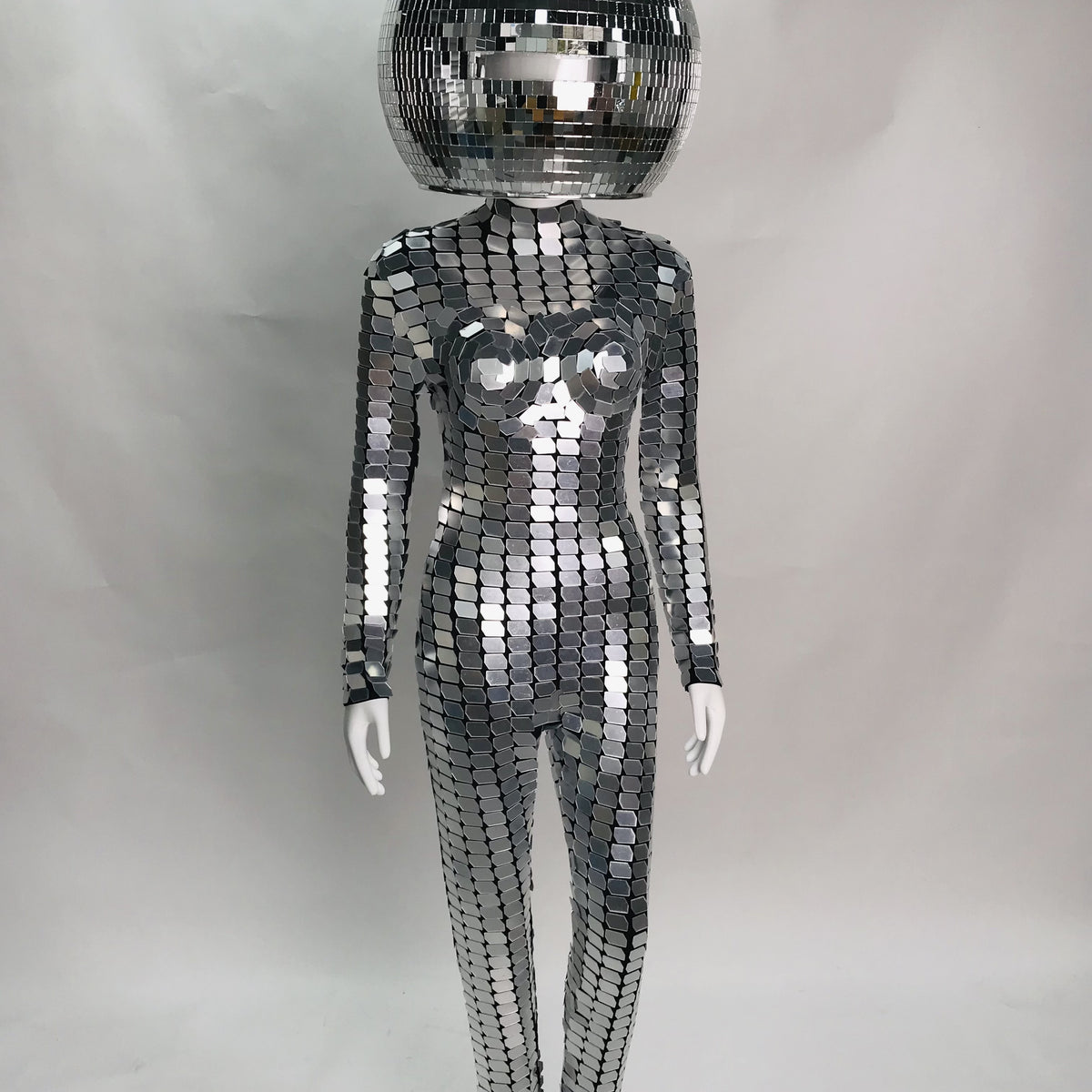 Futuristic Silver Mirror Chainmail Jumpsuit with 40cm Disco Helmet, Celebrate in Style at Disco,  Parties, Burning Man, Halloween, Parade